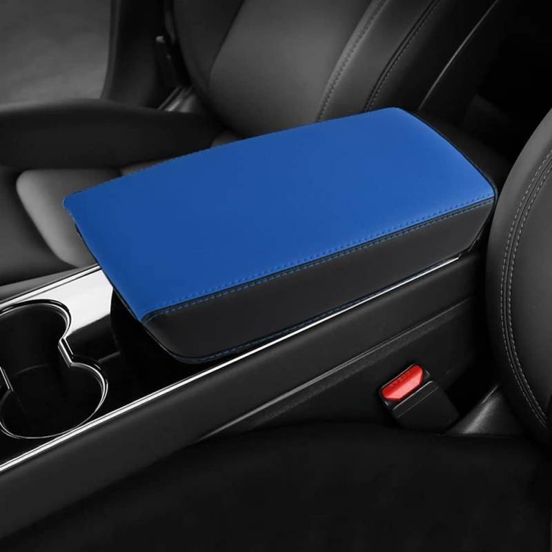 CEBAT Leder Mittelarmlehne Abdeckung,Mittelkonsole Armlehnenbezug,Armlehnenbezüge,Center Console Pad Cover für Tesla Model 3 2017-2023/ Model Y 2020-2023(blau+schwarz) von CEBAT