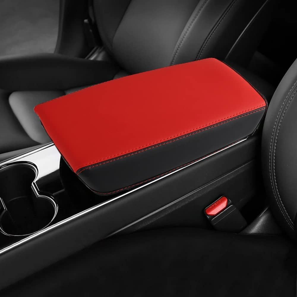 CEBAT Leder Mittelarmlehne Abdeckung,Mittelkonsole Armlehnenbezug,Armlehnenbezüge,Center Console Pad Cover für Tesla Model 3 2017-2023/ Model Y 2020-2023(rot+schwarz) von CEBAT