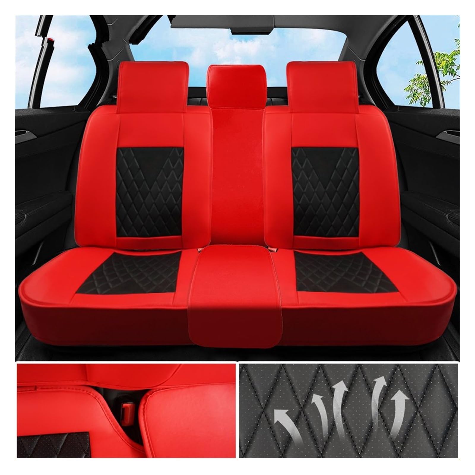 CENAP Autobezüge Set Universal Sport PU Leder Auto Sitzbezug Vier Jahreszeiten Auto Sitzkissen Zubehör Innen Wasserdicht Kompatibel Sitzschoner Auto(Rear Seat Red) von CENAP