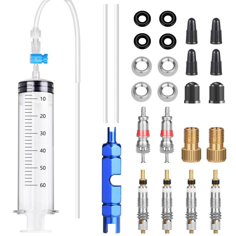 CEVILLAE Tubeless Spritze Kit, 60ml Dichtmilch Tubeless Spritze Fahrrad Tubeless Sealant Injector mit Ventilschlüssel, Französisches Ventil Schrader Ventileinsatz, FahrradventilAdapter, Ventilkappen von CEVILLAE