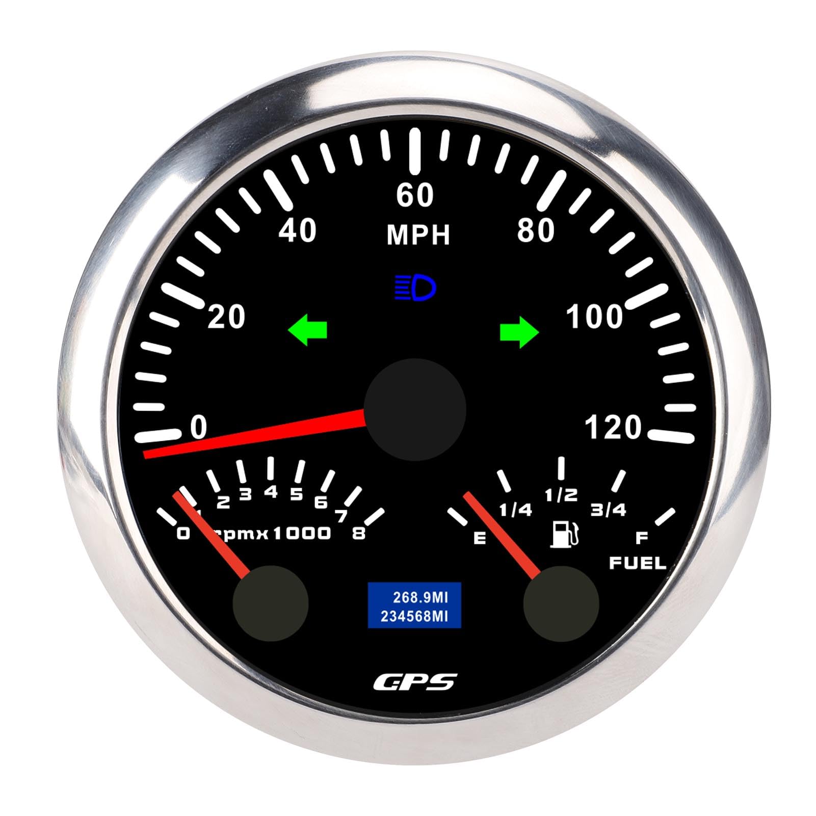 CFTGIW 3 in 1 GPS -Tachometer, 120 Meilen Pro Stunde 8000 U/Min 7 Farben Hintergrundbeleuchtet, Geeignet für Wohnmobile, Yacht, LKW (Schwarzes Zifferblatt, Silberne Lünette) von CFTGIW