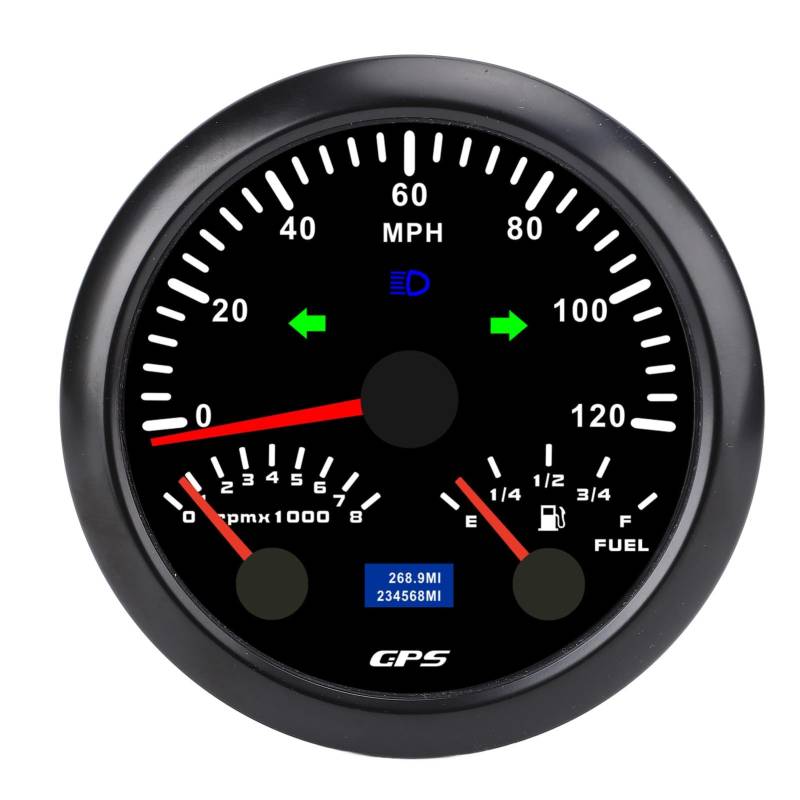 CFTGIW 3 in 1 GPS -Tachometer, 120 Meilen Pro Stunde 8000 U/Min 7 Farben Hintergrundbeleuchtet, Geeignet für Wohnmobile, Yacht, LKW (Schwarzes Zifferblatt schwarzer Lünette) von CFTGIW