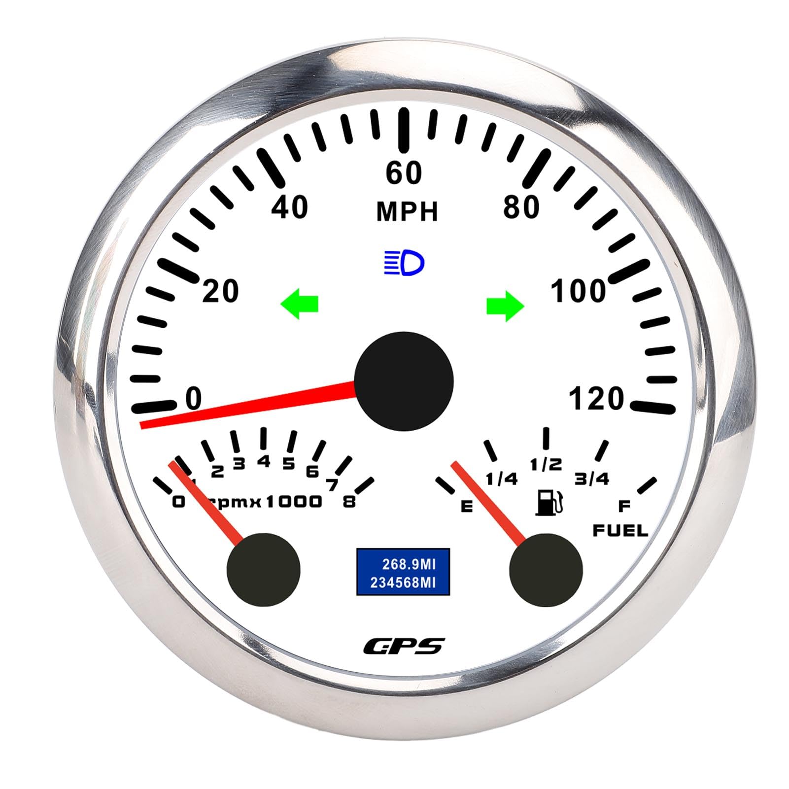 CFTGIW 3 in 1 GPS -Tachometer, 120 Meilen Pro Stunde 8000 U/Min 7 Farben Hintergrundbeleuchtet, Geeignet für Wohnmobile, Yacht, LKW (Weißes Zifferblatt, Silberne Lünette) von CFTGIW