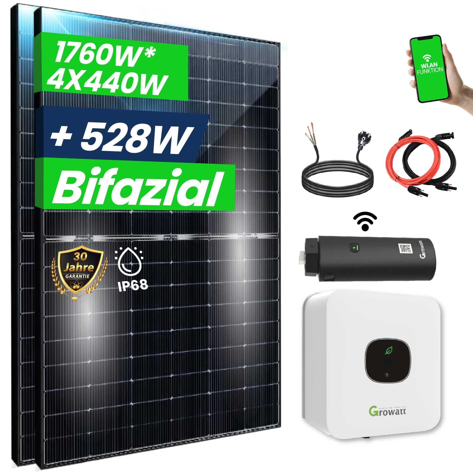 1760W Solaranlage Bifazial 1500W Photovoltaik Anlage mit Growatt MIC 1500 TL-X WIFI Wechselrichter Smart Mini PV Anlage von CG Camper Gold