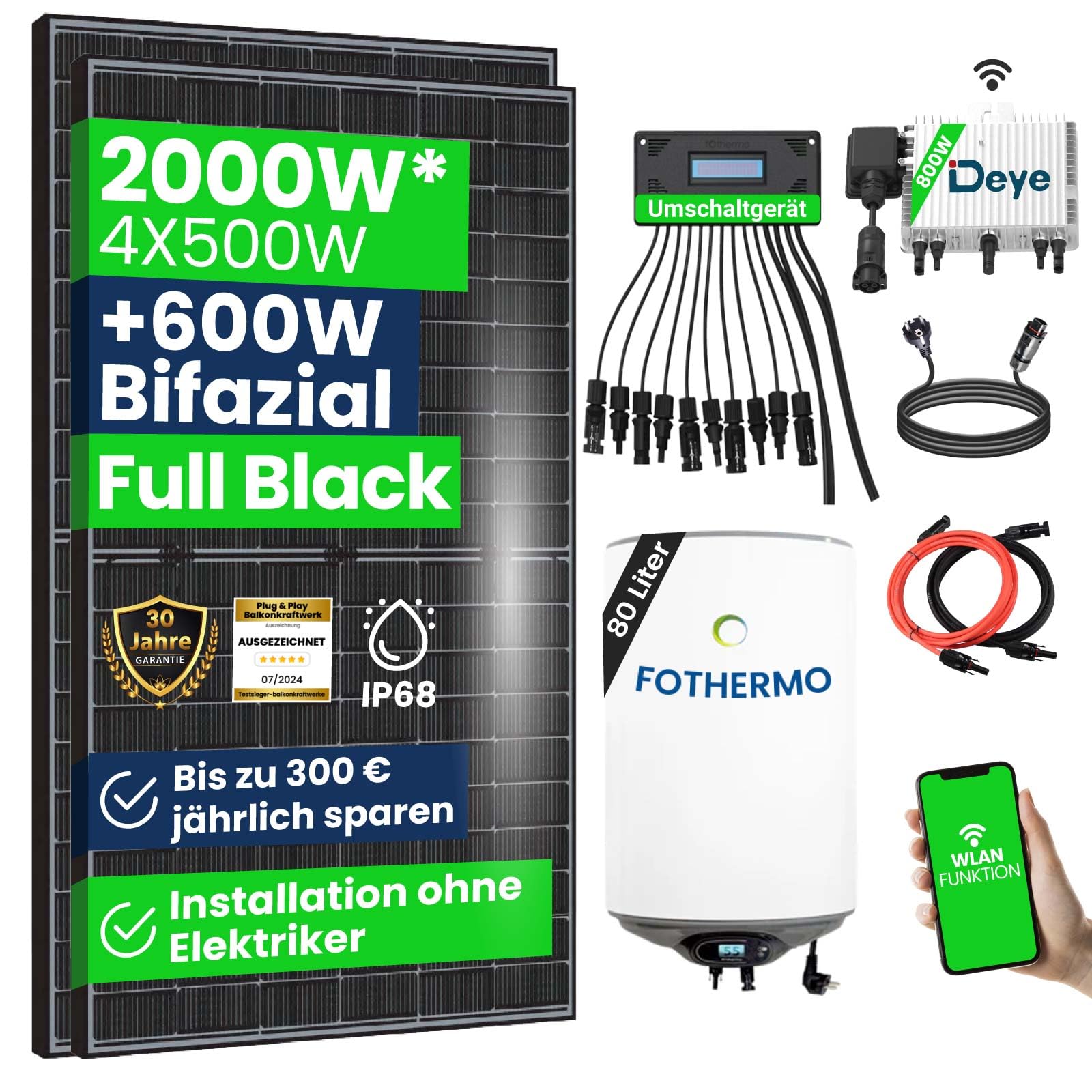 2000W/800W Balkonkraftwerk Komplettset mit DEYE 800W WIFI Wechselrichter | 80L Hybrid Wasser Boiler mit Umschaltgerät Smart PV Anlage von CG Camper Gold