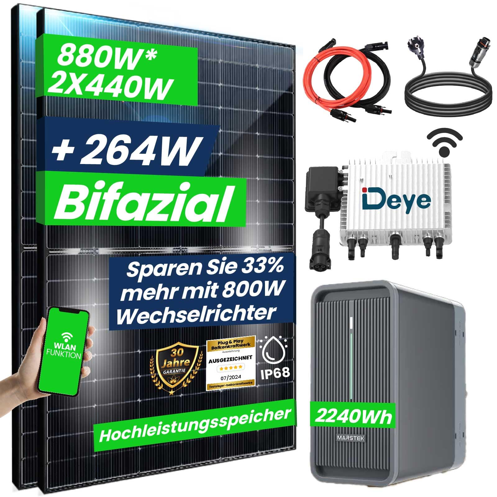 880W/800W Balkonkraftwerk mit Speicher Komplettset 2,24 kWh Marstek B2500-D Speicher mit DEYE 800W WIFI Wechselrichter Smart Mini Anlage von CG Camper Gold