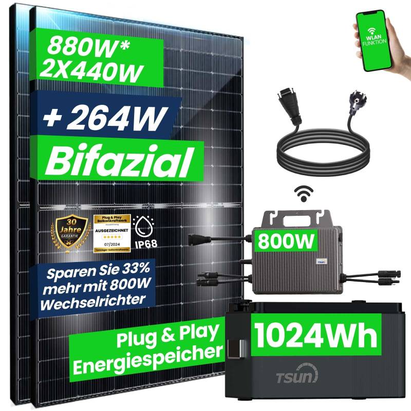 880W Balkonkraftwerk mit Speicher Komplettset mit 800W TSOL-MS 800W Wechselrichter | TSUN DCU1000 Solarspeicher PV Anlage von CG Camper Gold