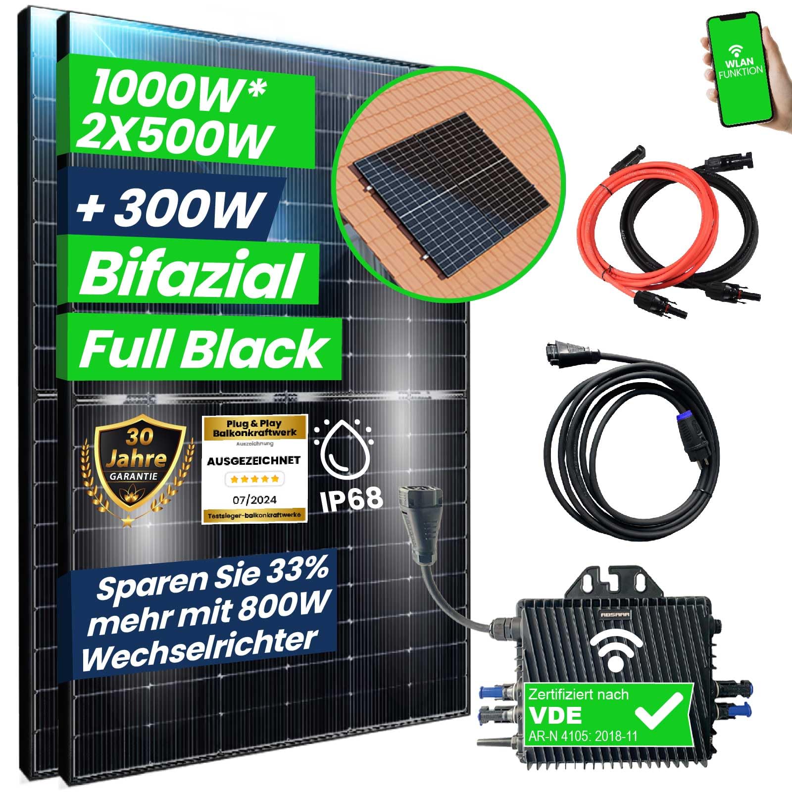 CamperGold® 1000W Balkonkraftwerk Bifazial Komplettset Photovoltaik Solaranlage mit 800W WIFI Wechselrichter Smart Mini PV Anlage | Ziegeldach PV Montagesystem von CG Camper Gold