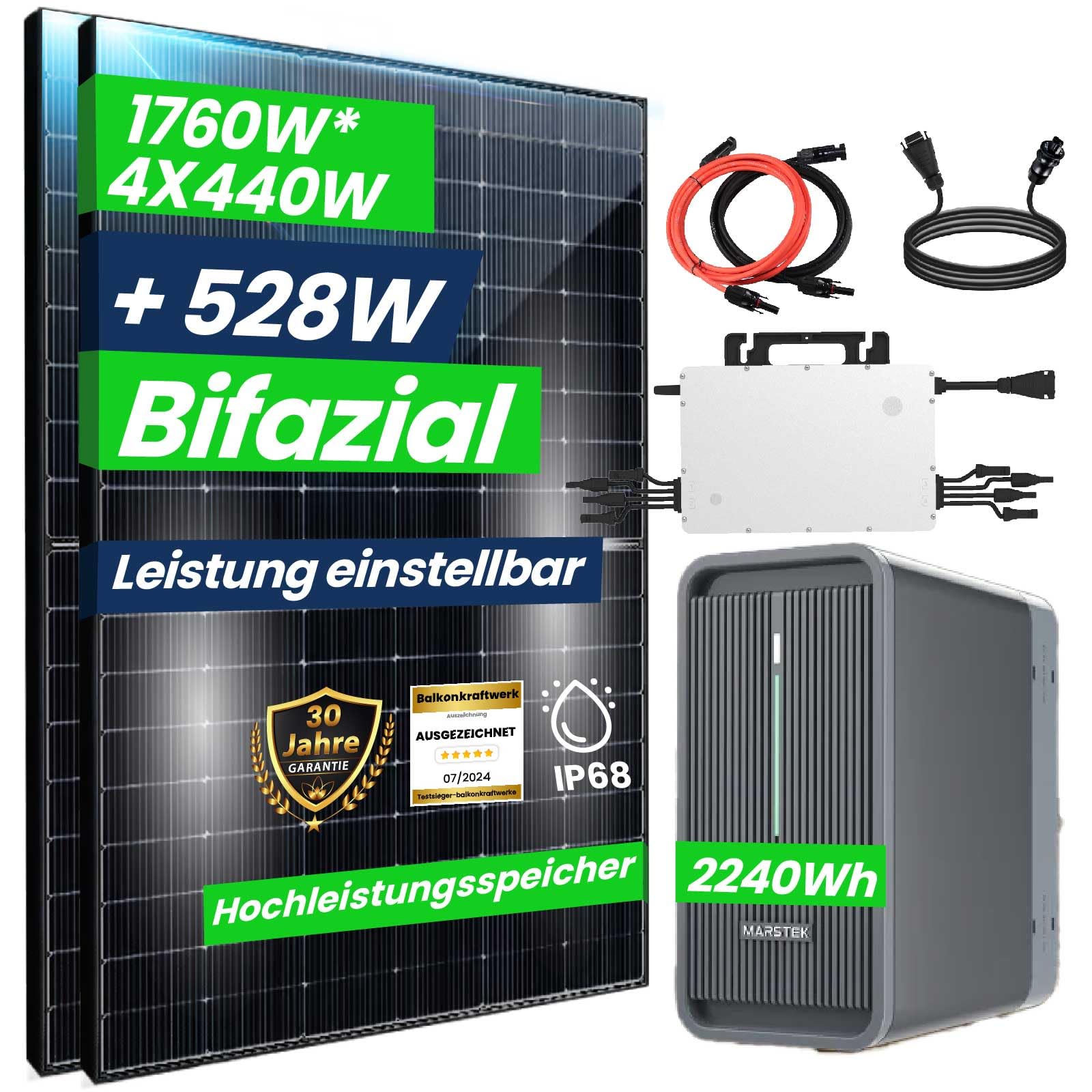 CamperGold® 1760W Balkonkraftwerk mit Speicher 2,24 kWh Marstek B2500-D Speicher mit HMS 1600W WIFI Wechselrichter Smart Mini Anlage mit 4x440W Bifaziale Glas/Glas n-Type Balkonkraftwerk Speicher von CG Camper Gold