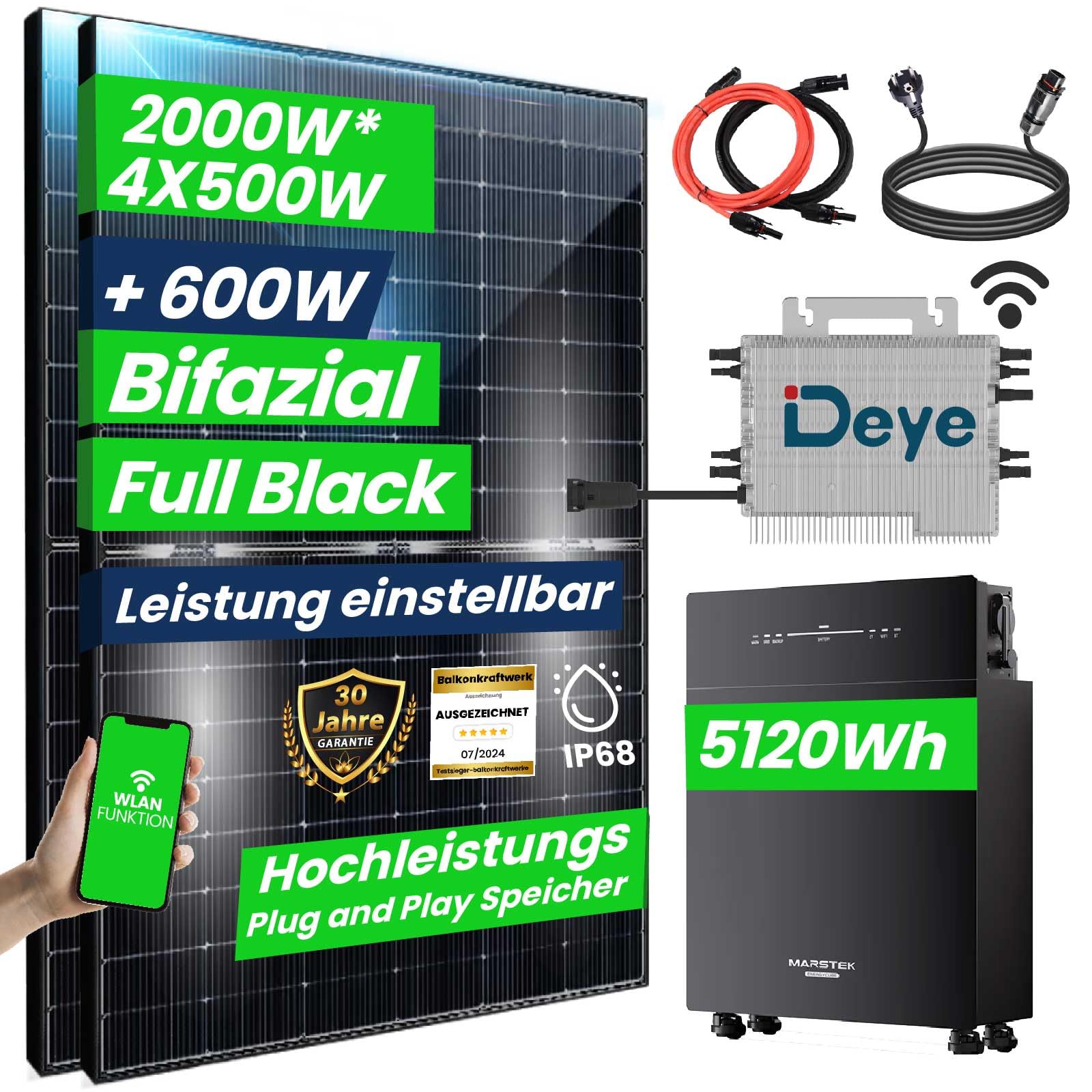 CamperGold® 2000W/2000W Balkonkraftwerk mit Speicher Komplettset | 5,12 kWh Marstek Venus-E AC gekoppelt Solarspeicher | DEYE 2000W WIFI Wechselrichter Smart PV Anlage von CG Camper Gold