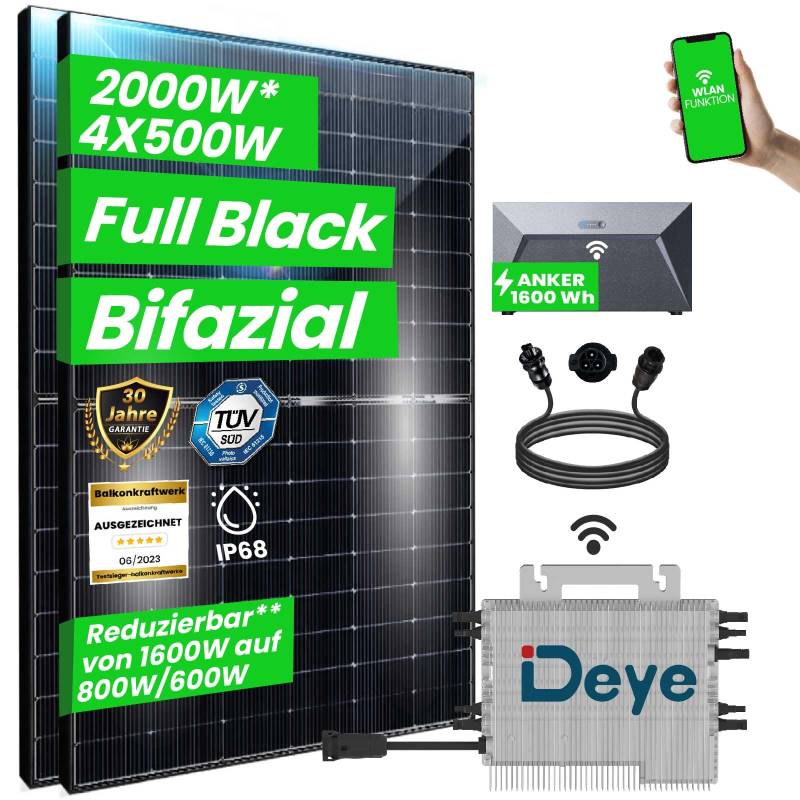 CamperGold® 2000W Balkonkraftwerk 1600W komplett Steckdose - Photovoltaik Solaranlage mit Deye Wechselrichter 1600W, Wielandstecker und 1,6 kWh Solarspeicher von Anker von CG Camper Gold