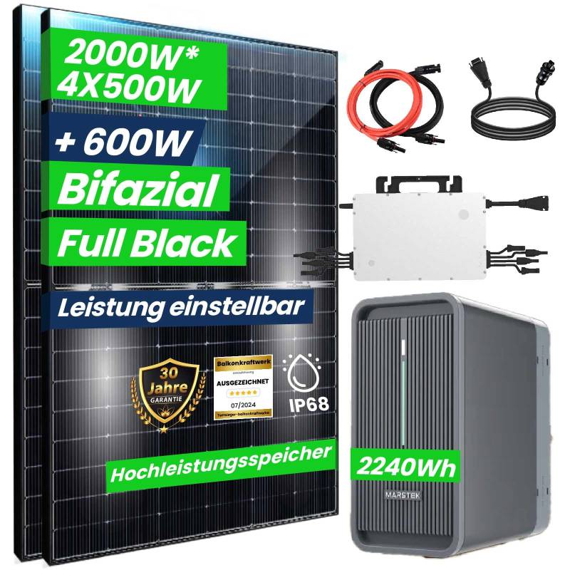 CamperGold® 2000W Balkonkraftwerk mit Speicher 2,24 kWh Marstek B2500-D Speicher mit HMS 1600W WIFI Wechselrichter Smart Mini Anlage mit 4x500W Bifaziale Glas/Glas n-Type Balkonkraftwerk Speicher von CG Camper Gold