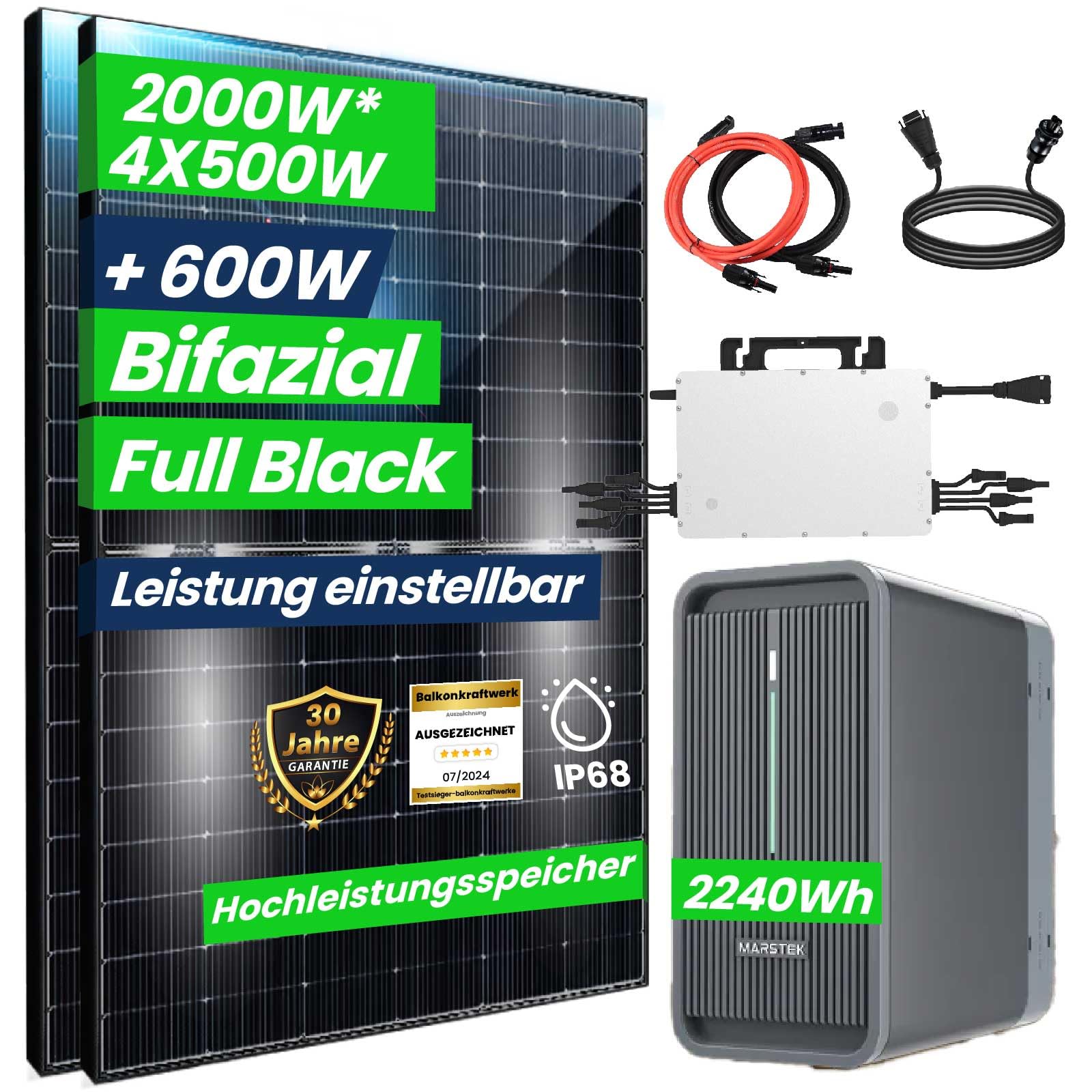 CamperGold® 2000W Balkonkraftwerk mit Speicher 2,24 kWh Marstek B2500-D Speicher mit HMS 1800W WIFI Wechselrichter Smart Mini Anlage mit 4x500W Bifaziale Glas/Glas n-Type Balkonkraftwerk Speicher von CG Camper Gold