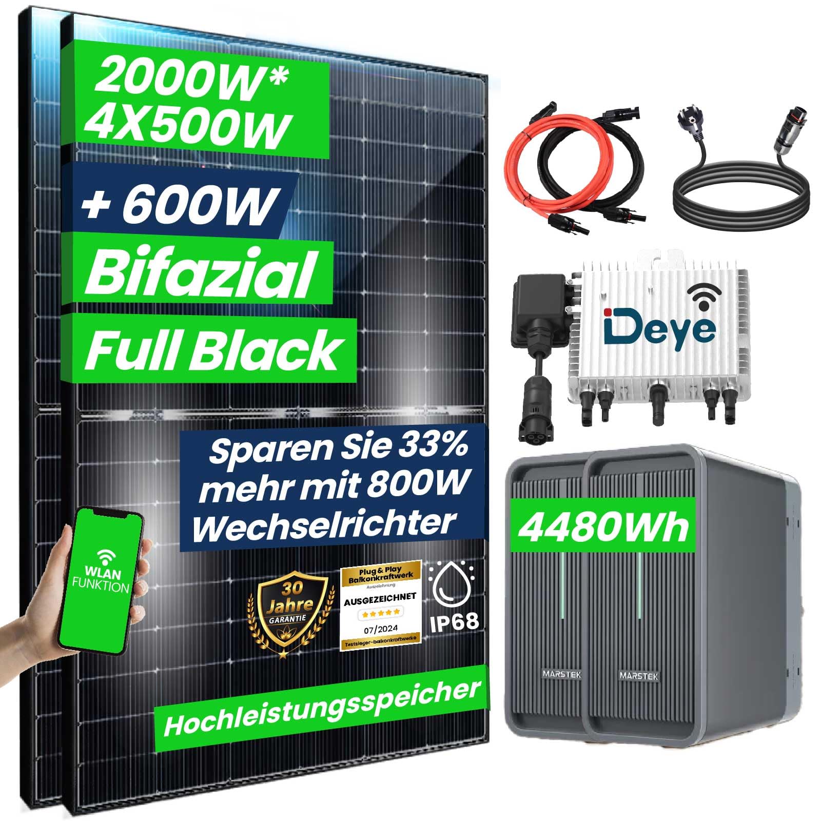 CamperGold® 2000W Balkonkraftwerk mit Speicher 4,48 kWh Marstek B2500-D Speicher mit DEYE 800W WIFI Wechselrichter Smart Mini Anlage mit 4x500W Bifaziale Glas/Glas n-Type Balkonkraftwerk Speicher von CG Camper Gold