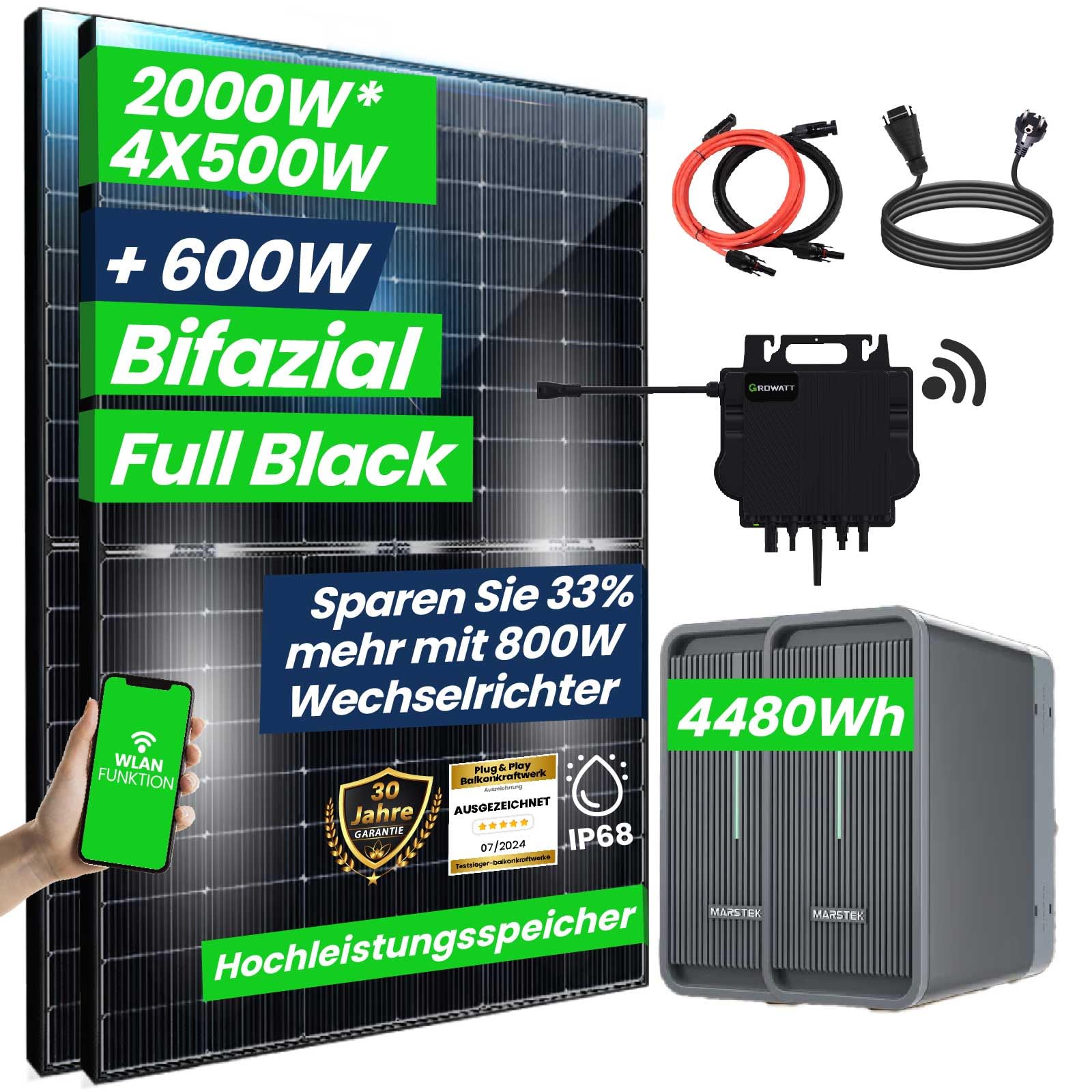 CamperGold® 2000W Balkonkraftwerk mit Speicher 4,48 kWh Marstek B2500-D Speicher mit NEO 800W WIFI Wechselrichter Smart Mini Anlage mit 4x500W Bifaziale Glas/Glas n-Type Balkonkraftwerk Speicher von CG Camper Gold