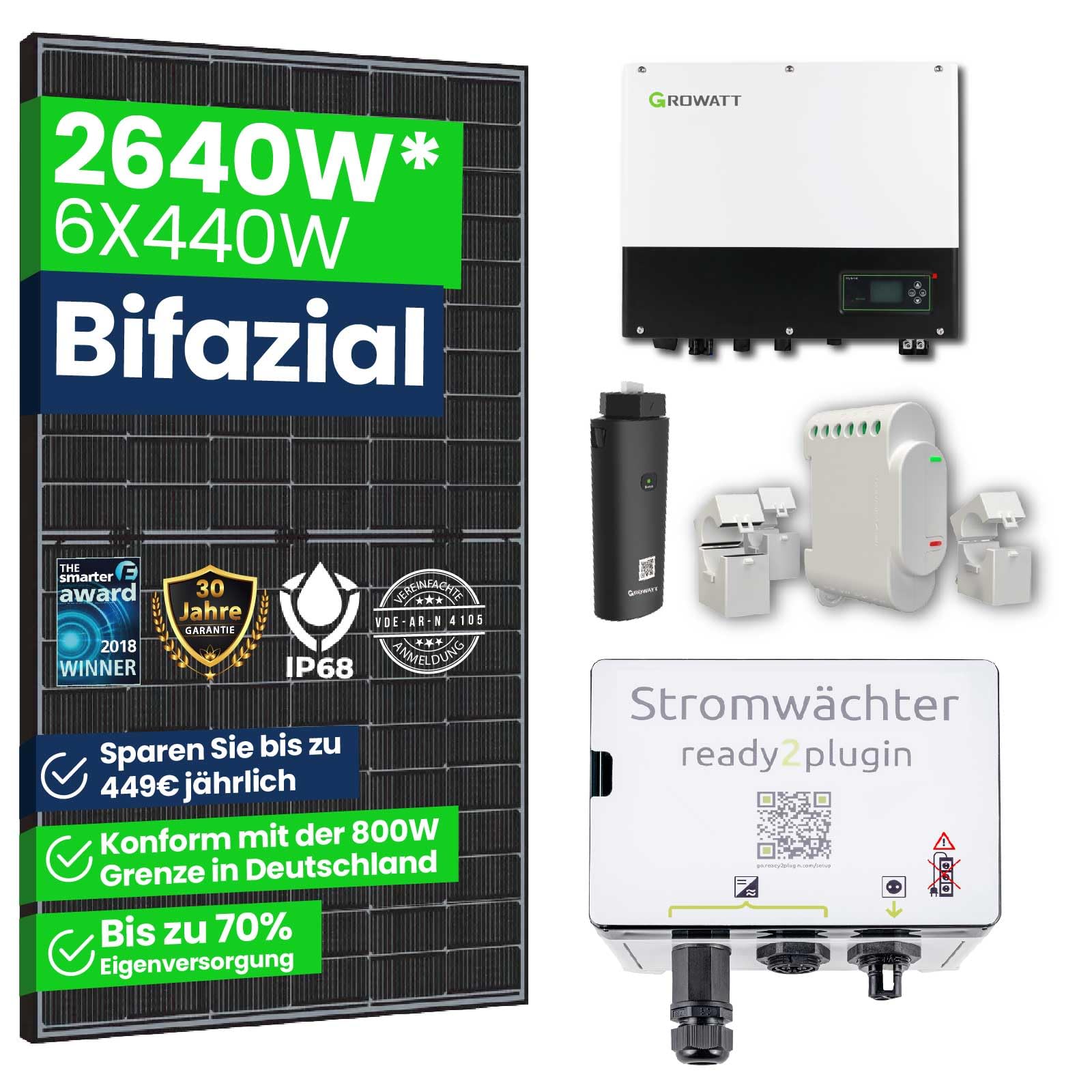 CamperGold® 2640W Smart Balkonkraftwerk mit Ready2plugin Stromwächter,6x 440W Bifazial Solarpanel und Growatt 3000W Wechselrichter -Plug and Play Photovoltaikanlage von CG Camper Gold