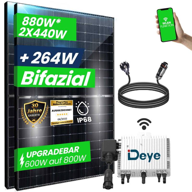 CamperGold® 880W Balkonkraftwerk 800W/ 600W komplett Steckdose - Upgradebarer Wechselrichter - Solaranlage Komplettset - 440W Bifaziale Solarmodule & 600W/800W DEYE Wechselrichter & Zubehör - 3m Kabel von CG Camper Gold