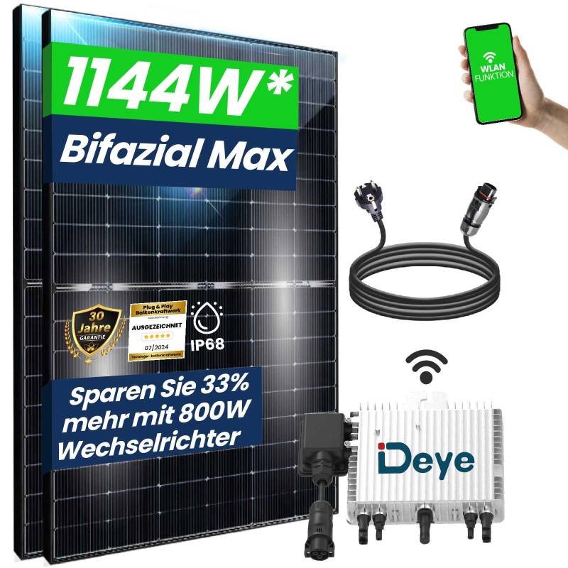 CamperGold® 880W Balkonkraftwerk 800W komplett Steckdose - Balkonkraftwerk 800 Watt upgradebarer DEYE Wechselrichter 800W, 2x440W Bifaziale Glas/Glas Solarmodule im Solaranlage Komplettset von CG Camper Gold