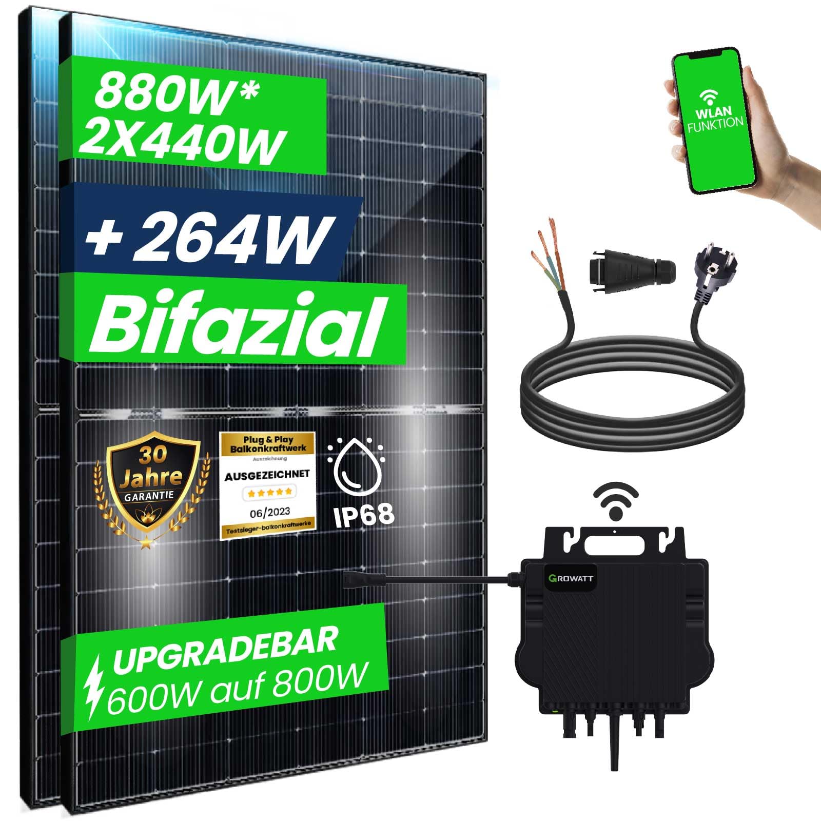 CamperGold® 880W Balkonkraftwerk 800W komplett Steckdose - Balkonkraftwerk 800 Watt upgradebarer Growatt NEO Wechselrichter 600W/800W, 2x440W Bifaziale Glas/Glas Solarmodule im Solaranlage Komplettset von CG Camper Gold