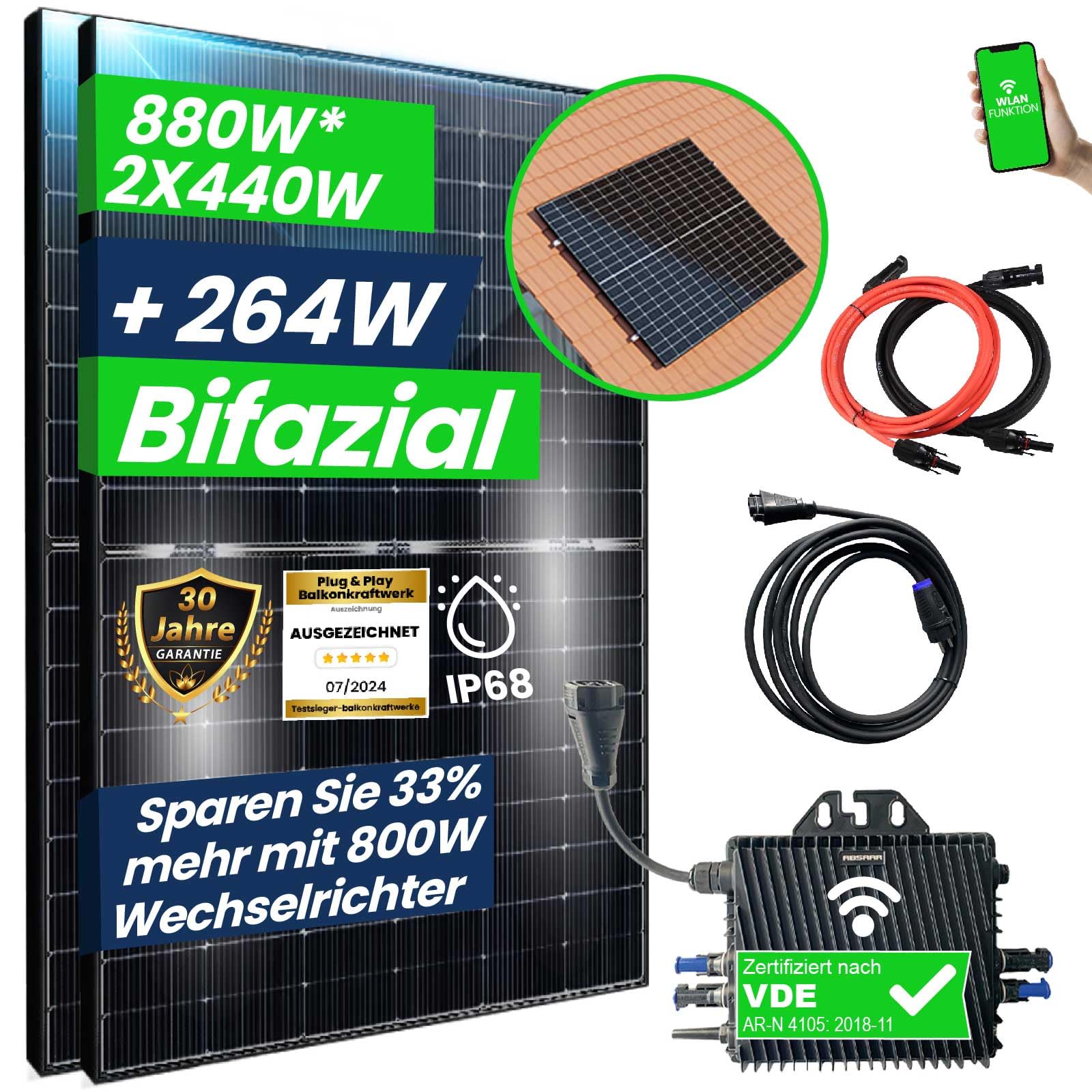 CamperGold® 880W Balkonkraftwerk Bifazial Komplettset Photovoltaik Solaranlage mit 800W WIFI Wechselrichter Smart Mini PV Anlage | Ziegeldach PV Montagesystem von CG Camper Gold