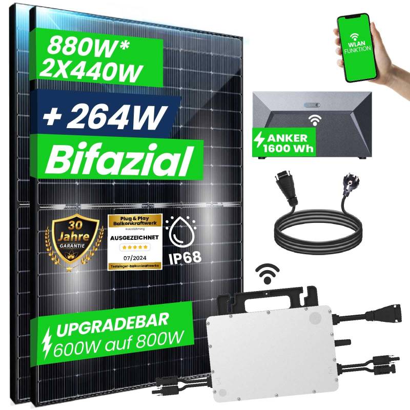 CamperGold® 880W Balkonkraftwerk - Solaranlage mit 2x440W Bifaziale Solarmodule, Hoymiles HMS-800W-2T Upgradefähiger WIFI Wechselrichter, Anker SOLIX E1600 Solarspeicher - Photovoltaik Komplettanlage von CG Camper Gold