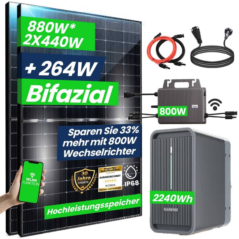 CamperGold® 880W Balkonkraftwerk mit Speicher 2,24 kWh Marstek B2500-D Speicher mit TSOL-MS800W WIFI Wechselrichter Smart Mini Anlage mit 2x440W Bifaziale Glas/Glas n-Type Balkonkraftwerk Speicher von CG Camper Gold