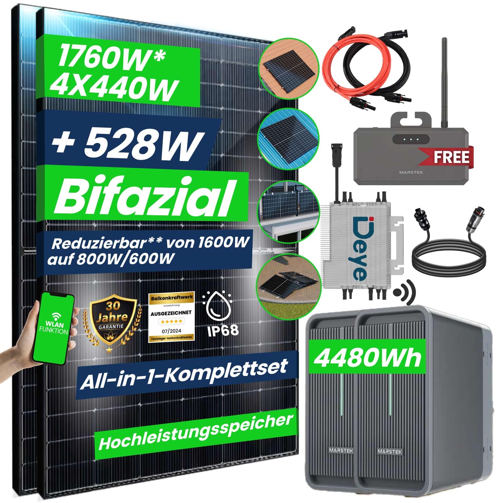 CamperGold® All In One Balkonkraftwerk 1760W Komplett Steckdose, 4,48 kWh Marstek B2500-D Speicher mit DEYE 1600W WIFI Wechselrichter, Smart Meter- 4x440W Bifaziale Solarpanel von CG Camper Gold