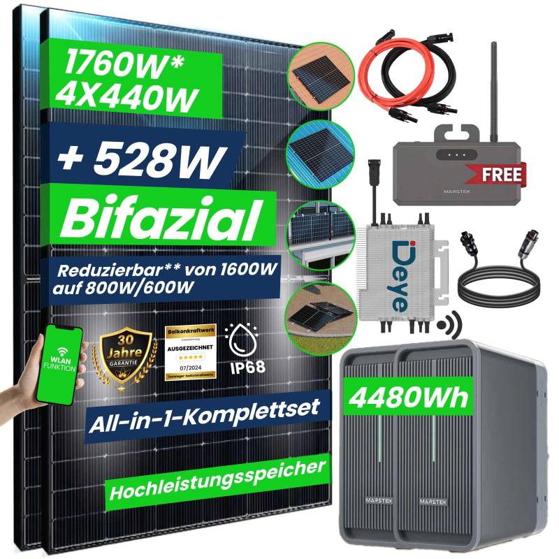 CamperGold® All In One Balkonkraftwerk 1760W Komplett Steckdose, 4,48 kWh Marstek B2500-D Speicher mit DEYE 1600W WIFI Wechselrichter, Smart Meter- 4x440W Bifaziale Solarpanel von CG Camper Gold