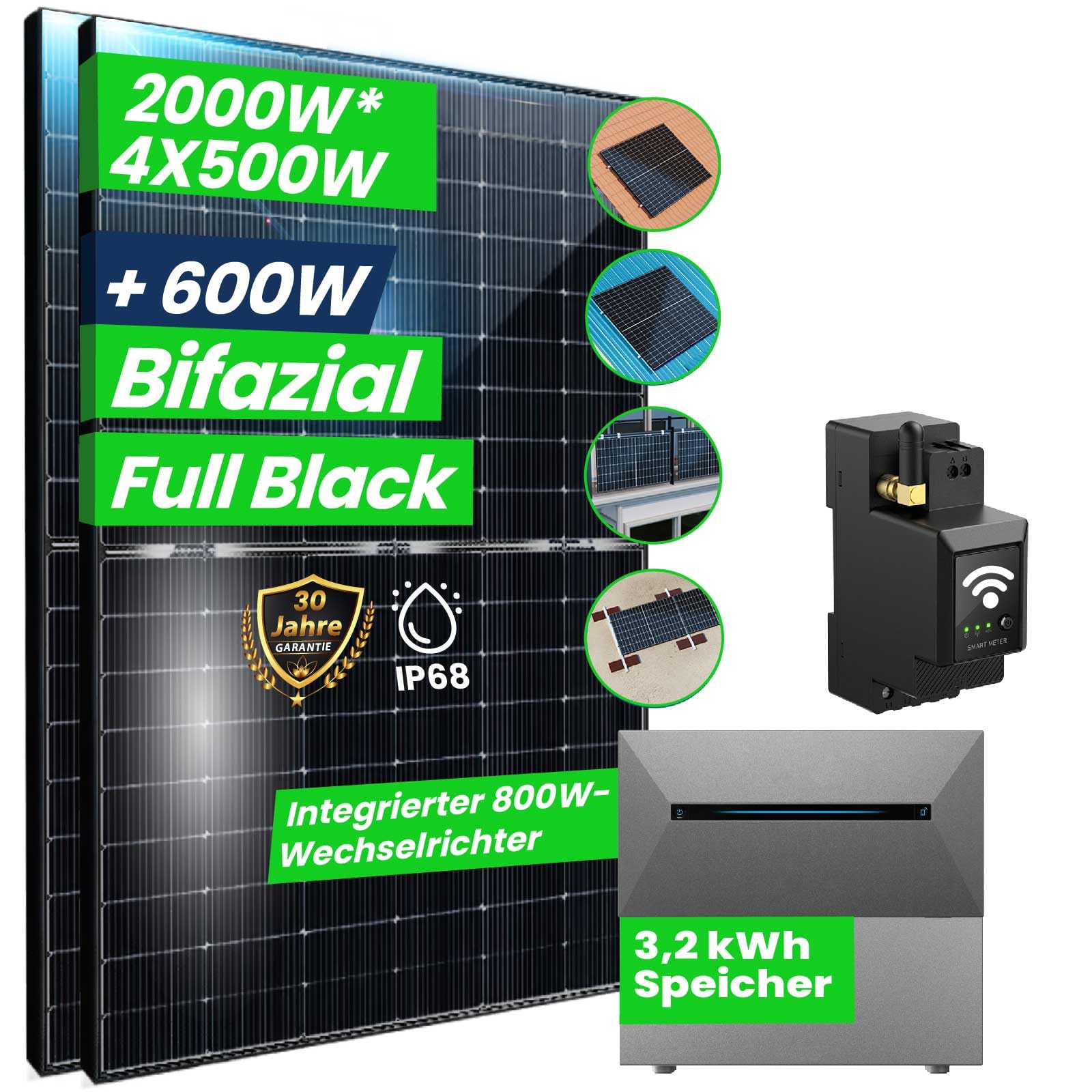 CamperGold® All In One Balkonkraftwerk 2000W Komplett Steckdose, 3,2 kWh ANKER SOLIX E1600 PRO Speicher für Balkonkraftwerk, Smart Meter- 4x500W Bifaziale Glas/Glas n-Type, Wechselrichter mit APP&WiFi von CG Camper Gold