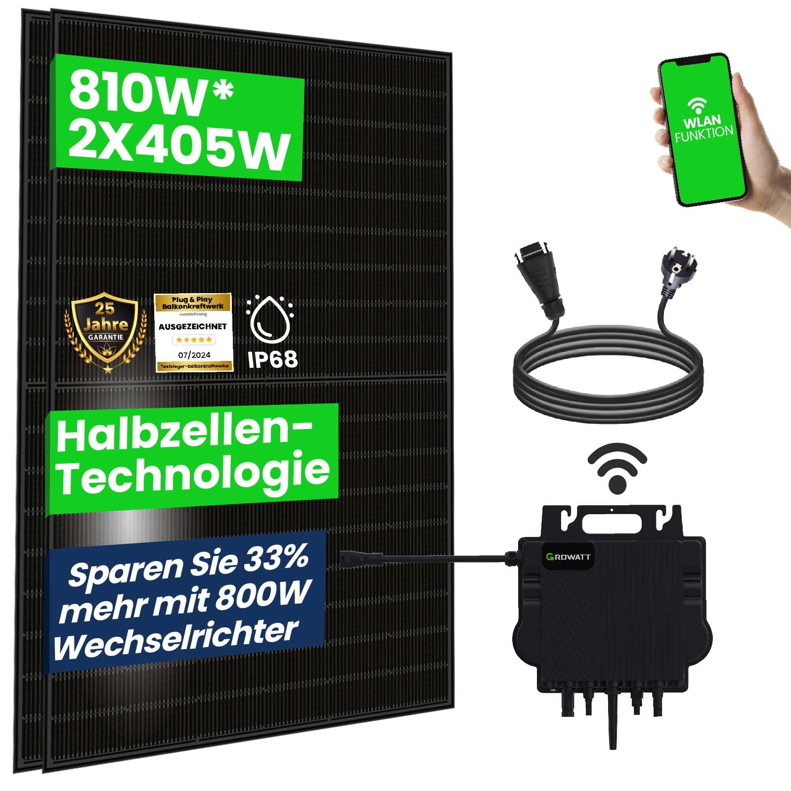 CamperGold® Balkonkraftwerk Komplettset 810W Bifazial | Growatt NEO Wechselrichter 800W | Photovoltaik Solaranlage mit 5m Schukostecker von CG Camper Gold