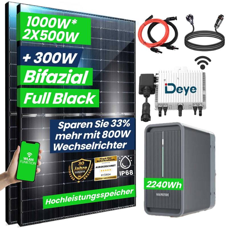 CamperGold®1000W Balkonkraftwerk mit Speicher 2,24 kWh Marstek B2500-D Speicher mit DEYE 800W WIFI Wechselrichter Smart Mini Anlage mit 2x500W Bifaziale Glas/Glas n-Type Balkonkraftwerk Speiche von CG Camper Gold