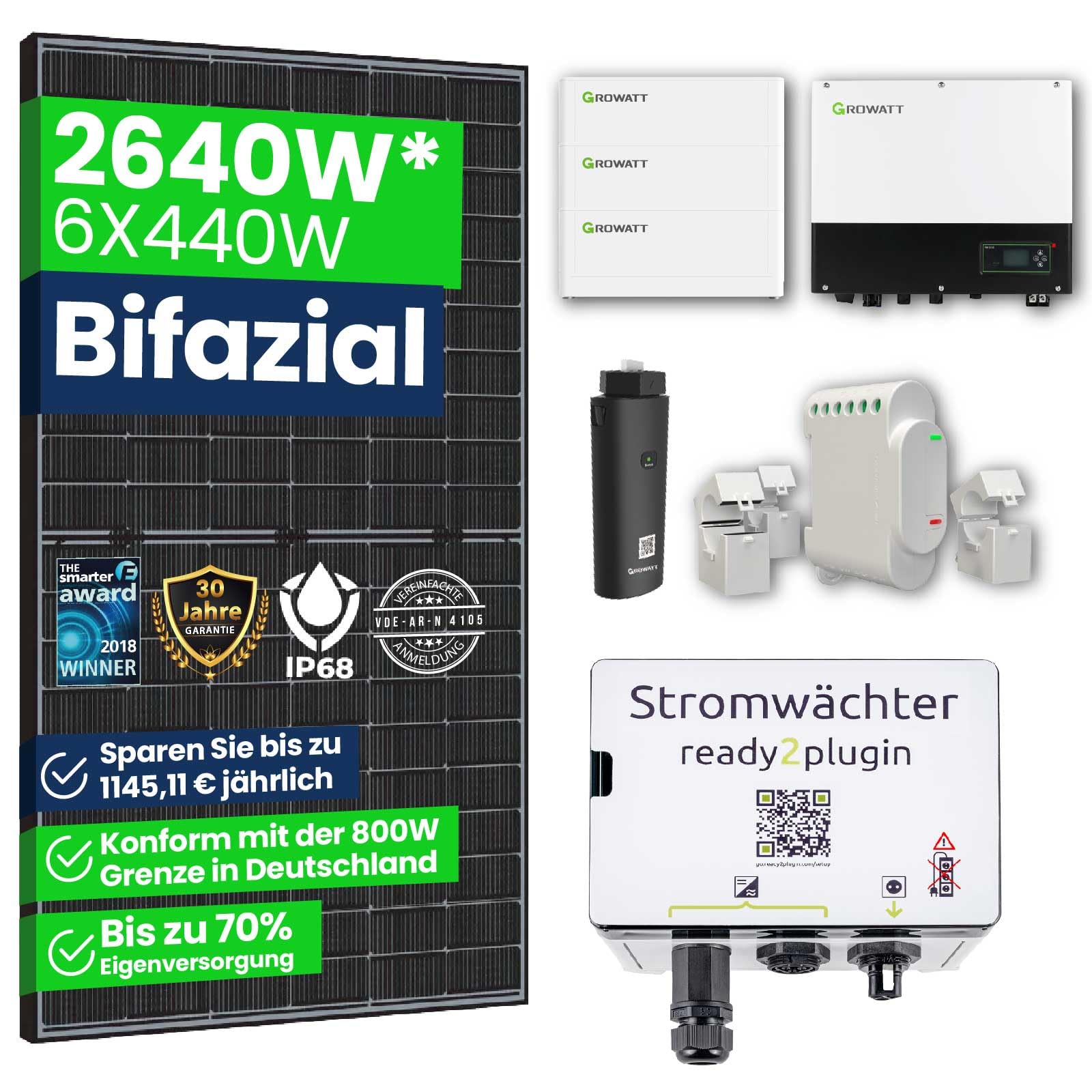 CamperGold®Smart Balkonkraftwerk mit Speicher,2640W Solaranlage Komplettset, 7,68kWh Stromspeicher, 3000W Notstromsteckdose, Photovoltaikanlage mit Smart Stromwächter 6x440W Bifaziale Solarpanel von CG Camper Gold