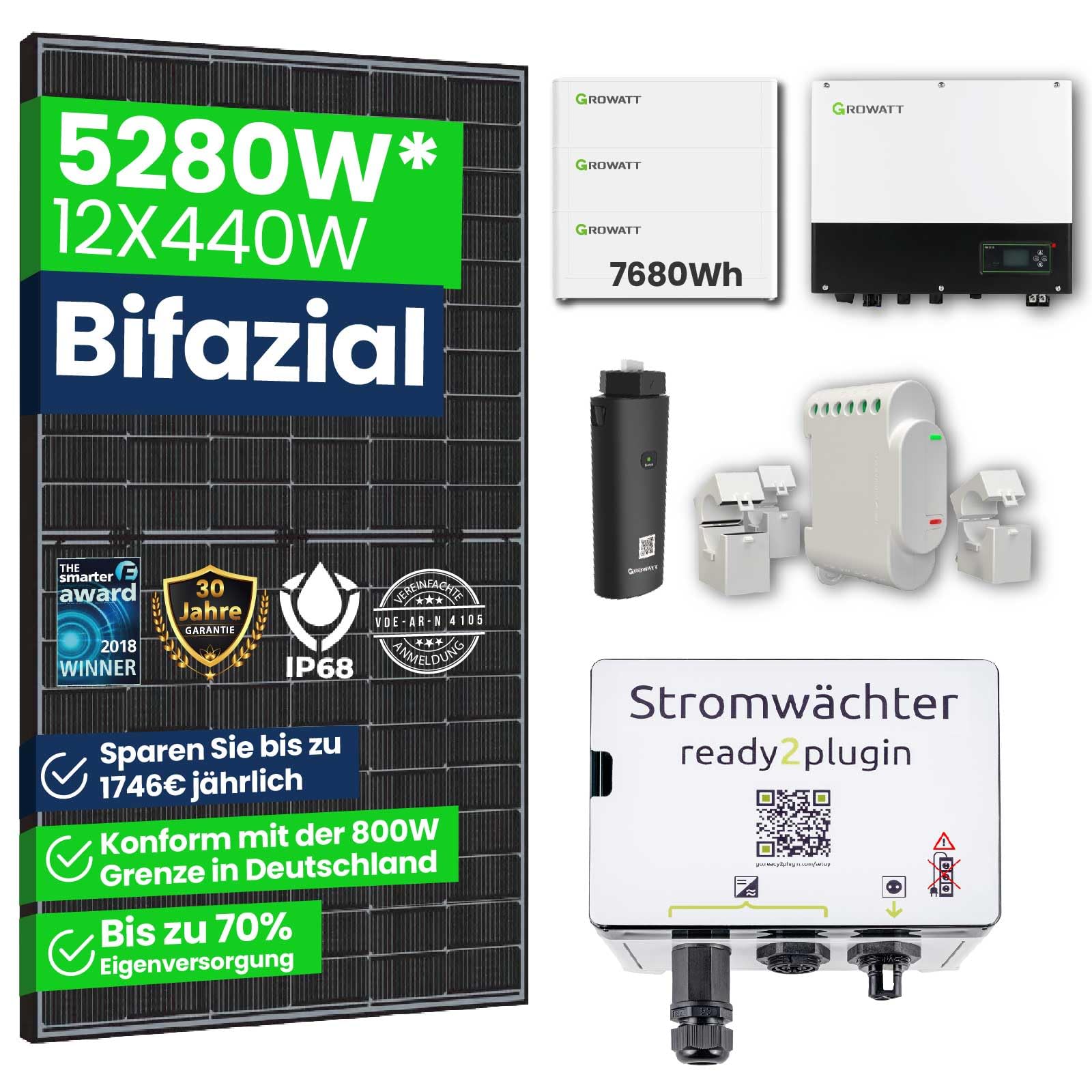 CamperGold®Smart Balkonkraftwerk mit Speicher,5280W Solaranlage Komplettset, 7,68kWh Stromspeicher, 3000W Notstromsteckdose, Photovoltaikanlage mit Smart Stromwächter 12x440W Bifaziale Solarpanel von CG Camper Gold