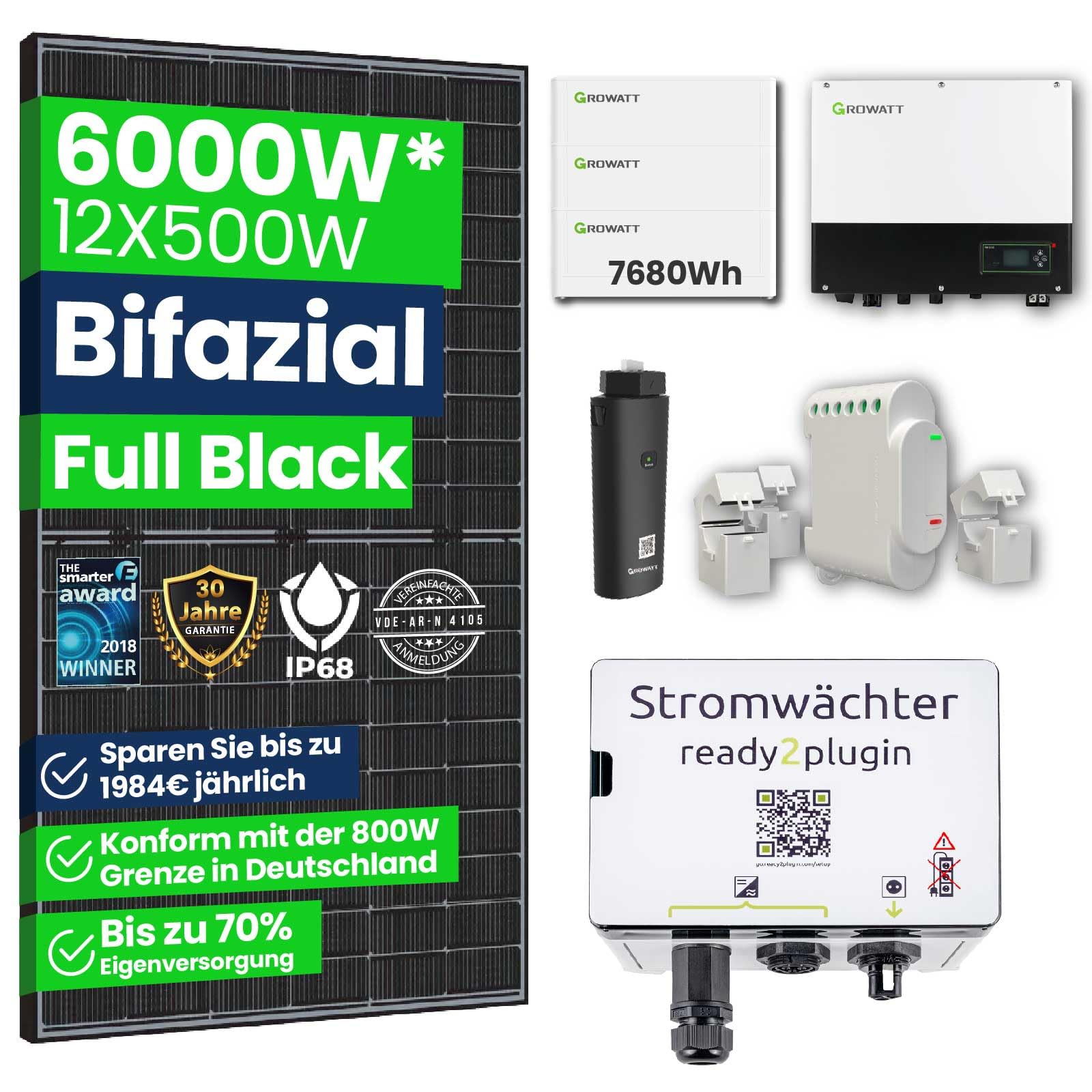 CamperGold®Smart Balkonkraftwerk mit Speicher,6kW Solaranlage Komplettset, 7,68kWh Stromspeicher, 3000W Notstromsteckdose, Photovoltaikanlage mit Smart Stromwächter 12x500W Bifaziale Solarpanel von CG Camper Gold