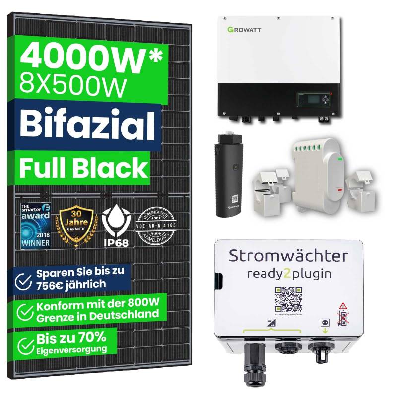 CamperGold® 4000W Smart Balkonkraftwerk mit Ready2plugin Stromwächter,8x 500W Bifazial Solarpanel und Growatt 3000W Wechselrichter -Plug and Play Photovoltaikanlage von CG Camper Gold