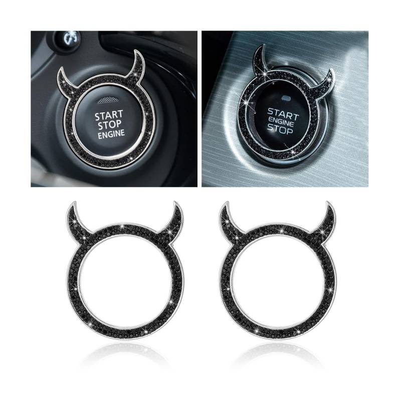 CGEAMDY 2Pcs Auto Start-Stopp-Knopf Abdeckung Glänzend Dekorativen Ring, Legierung Strass Auto Taste Ring, Stilvolle Und Glamouröse Damen Auto Dekorationen(Schwarz) von CGEAMDY