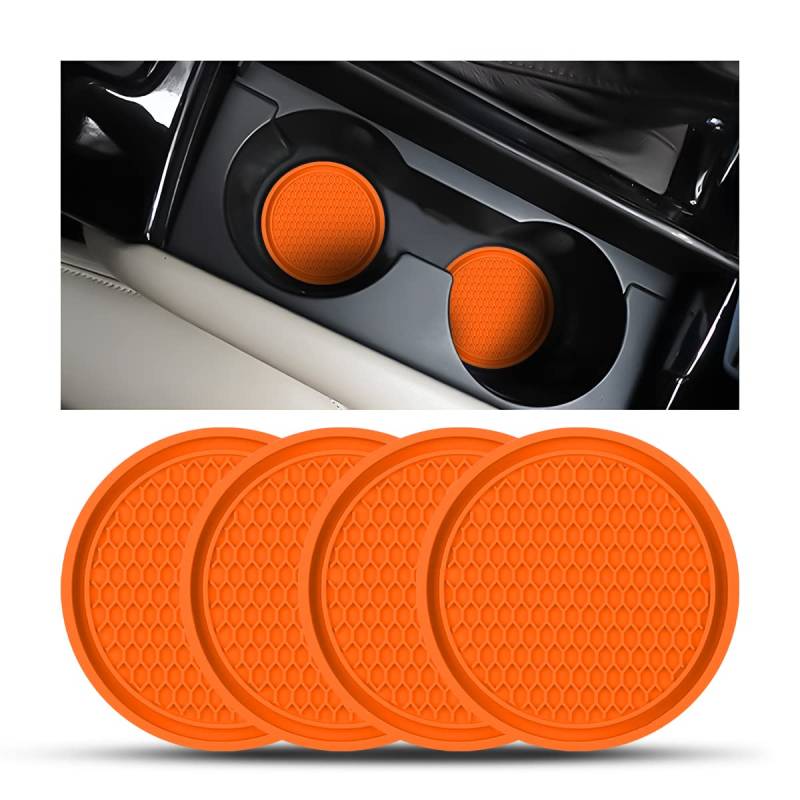 CGEAMDY 4 Stück Auto Untersetzer, Auto Getränkehalter Einsatz, Durchmesser PVC Verdicken Schwarz Auto Untersetzer, Anti Rutsch Car Untersetzer für Kaffeebcher(Orange) von CGEAMDY