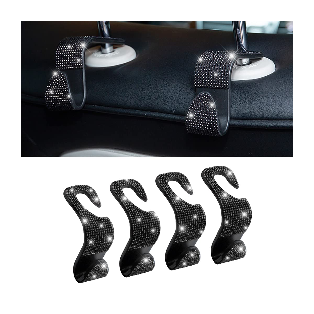 CGEAMDY 4 Stück Bling Auto Kopfstützen Haken, Autohaken Rücksitz Mit Strass Diamond, Universal-Sitz-Organizer-Aufbewahrungshaken Für Suspension Lebensmittels(Schwarz) von CGEAMDY