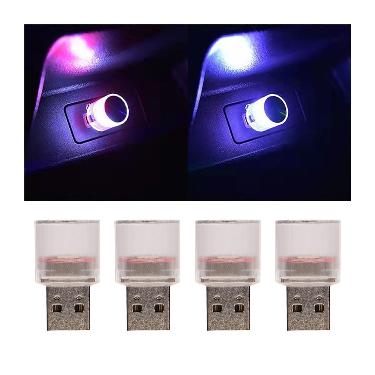 CGEAMDY 4 Stück Mini USB LED Licht Autozubehör, USB Freie Installation Auto Umgebungslicht, Freie Installation Auto-Ambiente-Licht Autozubehör für Autos SUVs LKWs(Bunt) von CGEAMDY