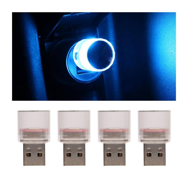 CGEAMDY 4 Stück Mini USB LED Licht Autozubehör, USB Freie Installation Auto Umgebungslicht, Freie Installation Auto-Ambiente-Licht Autozubehör für Autos SUVs LKWs(Eisblau) von CGEAMDY