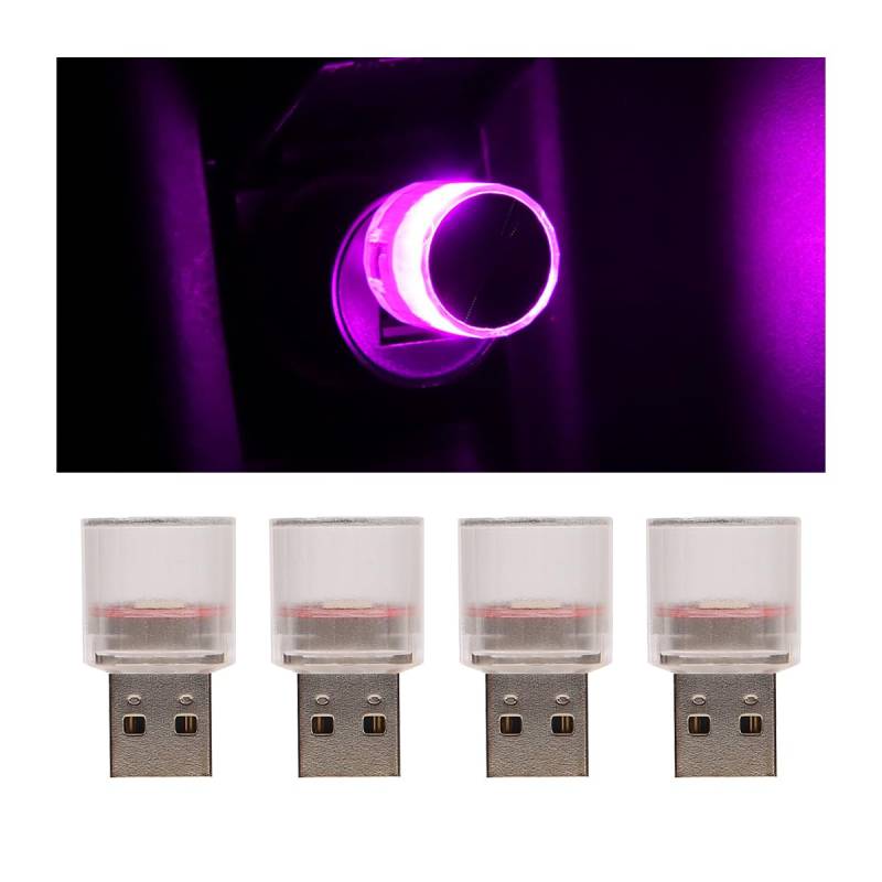 CGEAMDY 4 Stück Mini USB LED Licht Autozubehör, USB Freie Installation Auto Umgebungslicht, Freie Installation Auto-Ambiente-Licht Autozubehör für Autos SUVs LKWs(Rosa Violett) von CGEAMDY