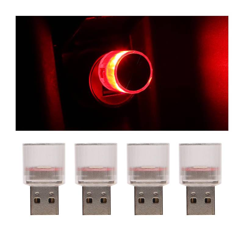 CGEAMDY 4 Stück Mini USB LED Licht Autozubehör, USB Freie Installation Auto Umgebungslicht, Freie Installation Auto-Ambiente-Licht Autozubehör für Autos SUVs LKWs(Rot) von CGEAMDY