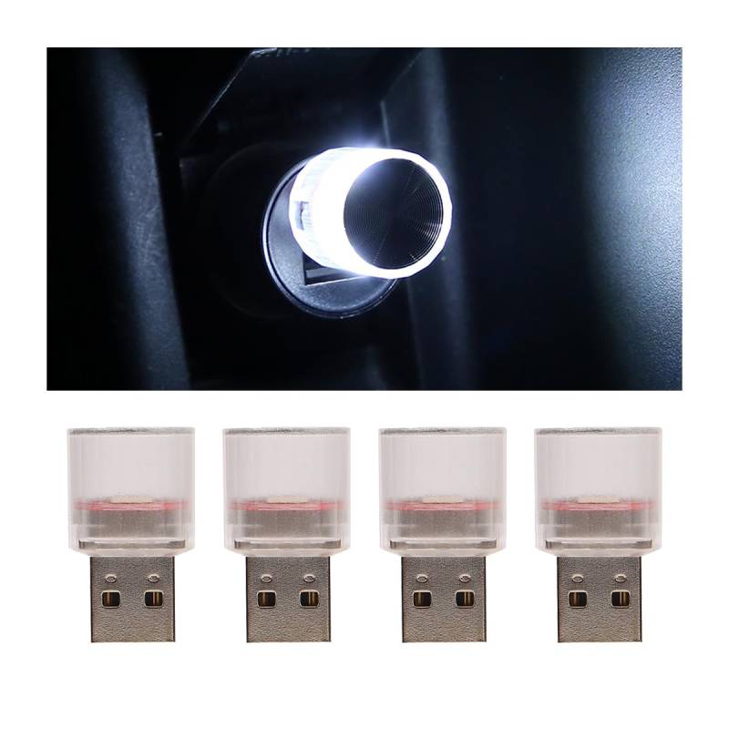 CGEAMDY 4 Stück Mini USB LED Licht Autozubehör, USB Freie Installation Auto Umgebungslicht, Freie Installation Auto-Ambiente-Licht Autozubehör für Autos SUVs LKWs(Weiß) von CGEAMDY