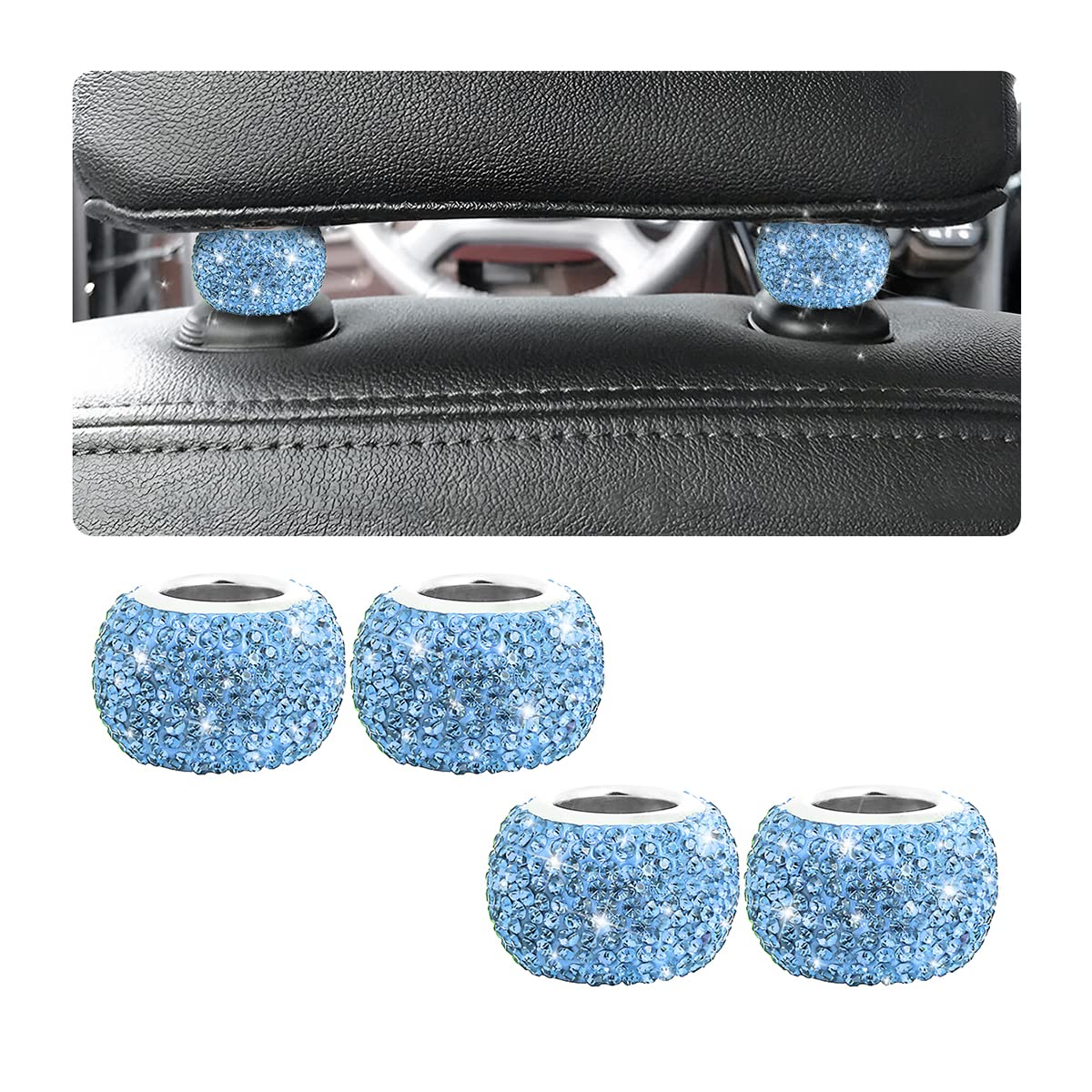 CGEAMDY 4 Universal Diamant Kristall Autositz Kopfstütze Ringe, Autositz Kopfstütze Auto Innendekoration Zubehör Bling Innendekoration für Auto Fahrzeug(Seeblau) von CGEAMDY