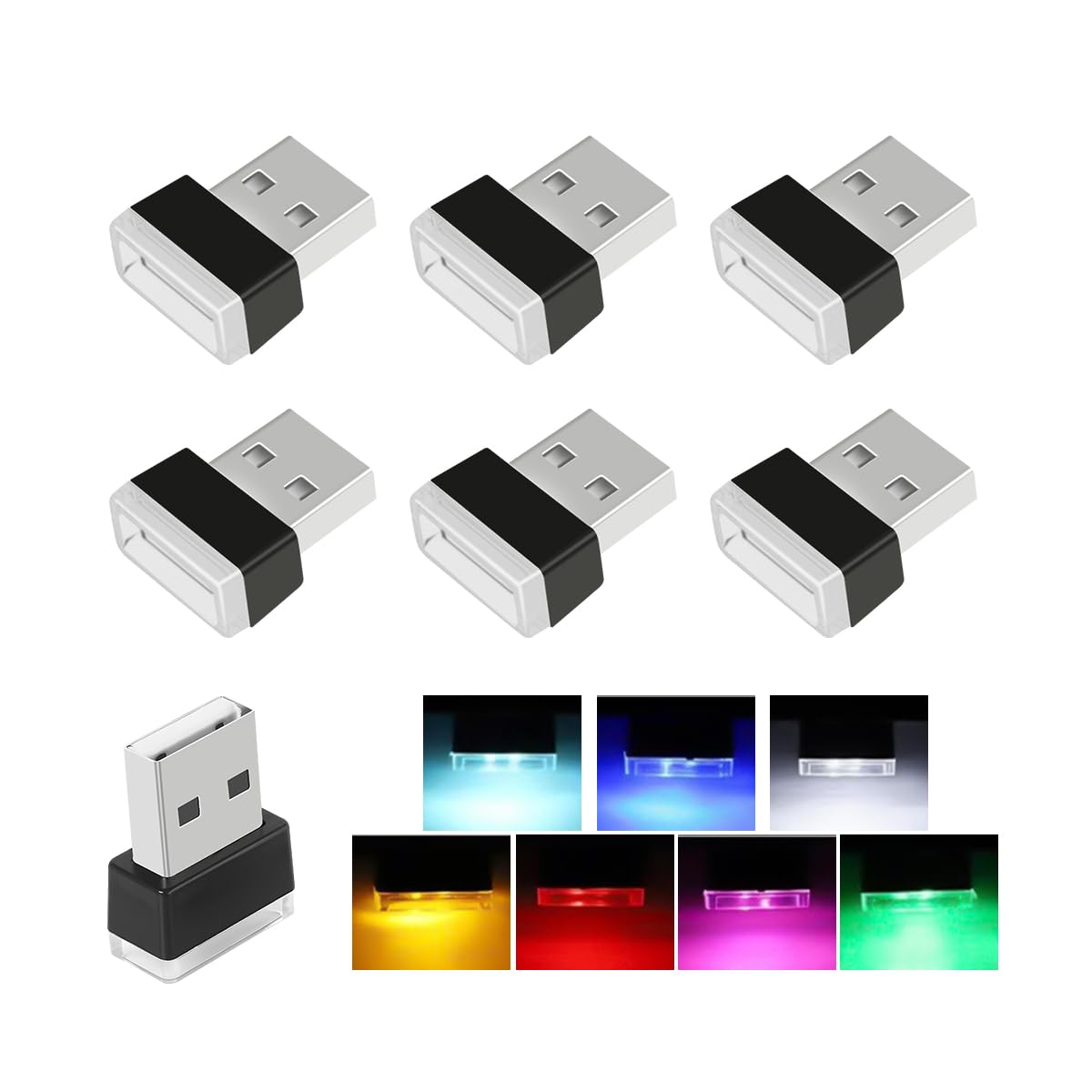 CGEAMDY 7 Stück Mini 7 Farben Sound Control LED Modellierung Innenbeleuchtung, USB Monochrome LED Auto Innenraumbeleuchtung, Auto-Innenraum-Atmosphäre Lampe Für Autos, USB-Stecker Dekoration von CGEAMDY