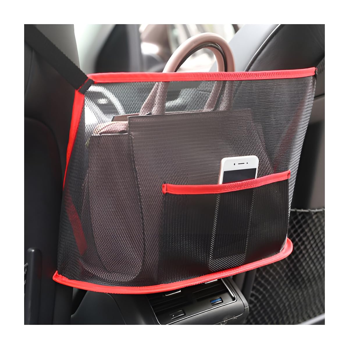 CGEAMDY Auto Aufbewahrungsnetz, Aufbewahrungsnetz Für Vordersitze, Autositznetz Zwischen Netztasche, Auto Rücksitz-Netztasche Aufbewahrungsnetz(Schwarz-Rot) von CGEAMDY