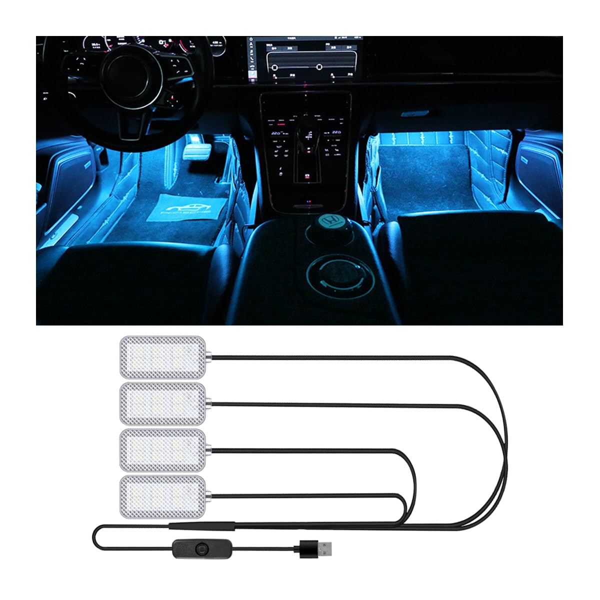 CGEAMDY Auto LED Innenbeleuchtung, Innenbeleuchtung Atmosphärenlicht Dekorativer Auto, Auto Innenraum 4 In1 Wasserdichtes LED-Streifenlicht Mit USB-Anschluss, Für Die Meisten Autos DIY Refit(Eisblau) von CGEAMDY