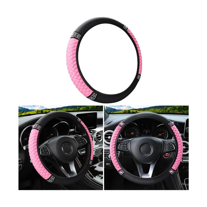 CGEAMDY Auto-Lenkradbezug, Leder Bestickte Farbe Diamantbesetzte Elastische Lenkradabdeckung, Anti Rutsch Universal Auto Lenkradhülle, Für Alle Jahreszeiten (Rosa) von CGEAMDY