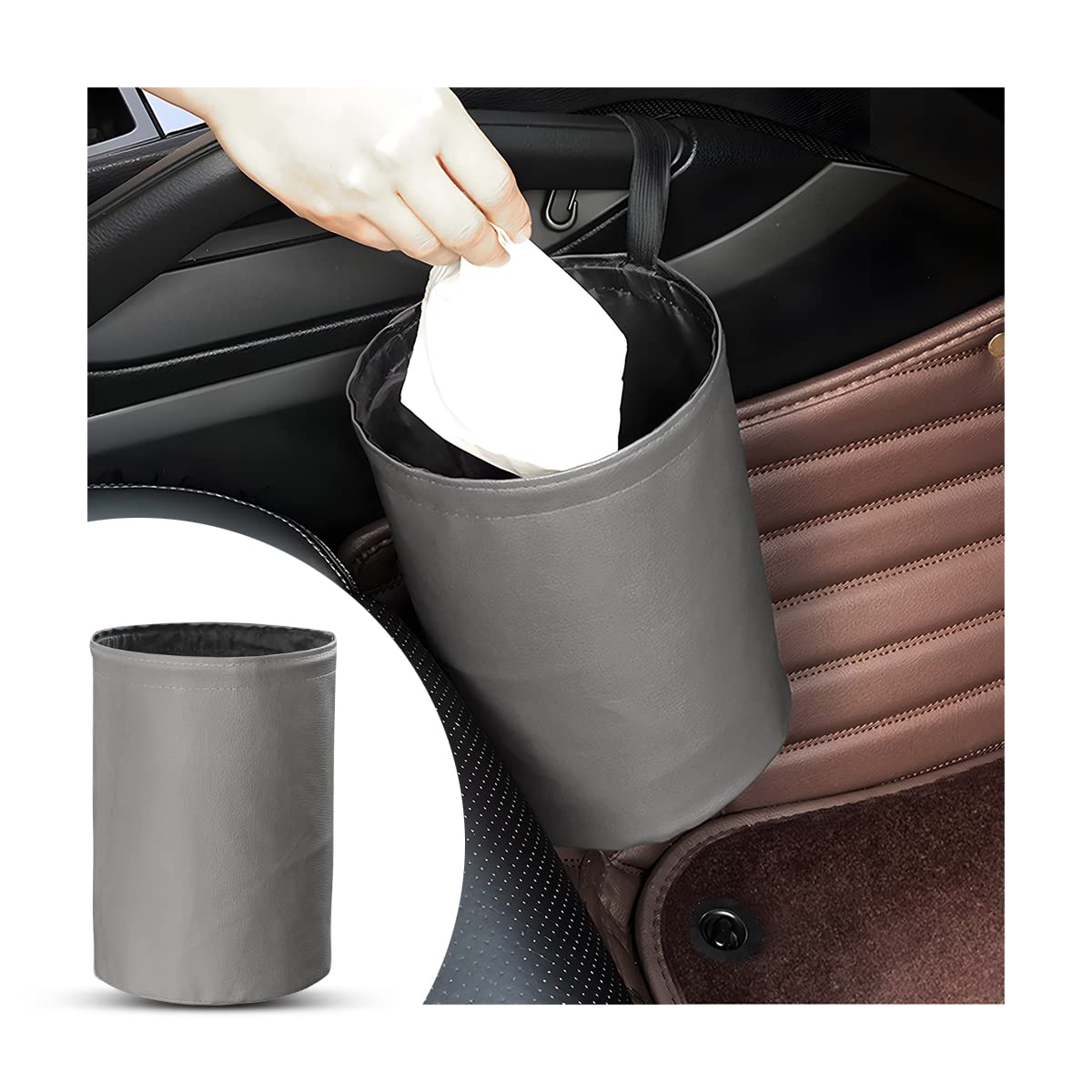 CGEAMDY Auto-Mülleimer, Auto Mülleimer Faltbar Wasserdichter Mülleimer Multifunktionaler Auto-Organizer-Mülleimer, Stylischer PU Leder Wasserdicht Müllbehälter (Grau) von CGEAMDY