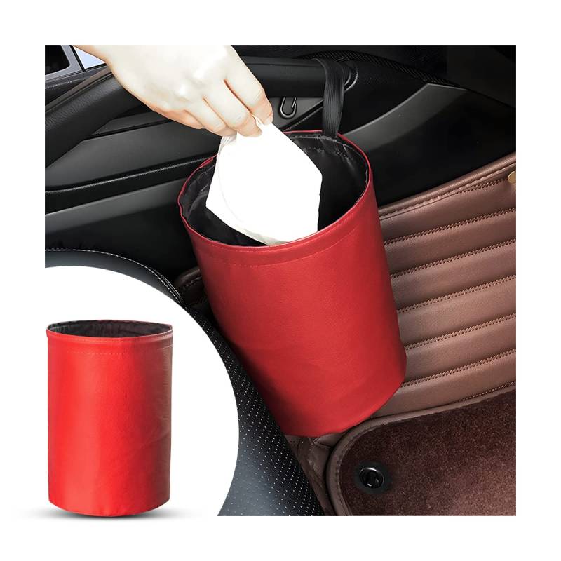 CGEAMDY Auto-Mülleimer, Auto Mülleimer Faltbar Wasserdichter Mülleimer Multifunktionaler Auto-Organizer-Mülleimer, Stylischer PU Leder Wasserdicht Müllbehälter (Weinrot) von CGEAMDY